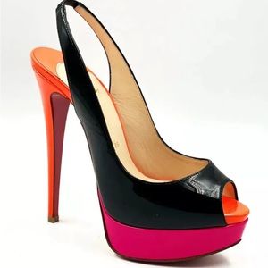 CHRISTIAN LOUBOUTIN Lady Peep Slingback Patent TriColor Pumps Heels US 6 / EU 36